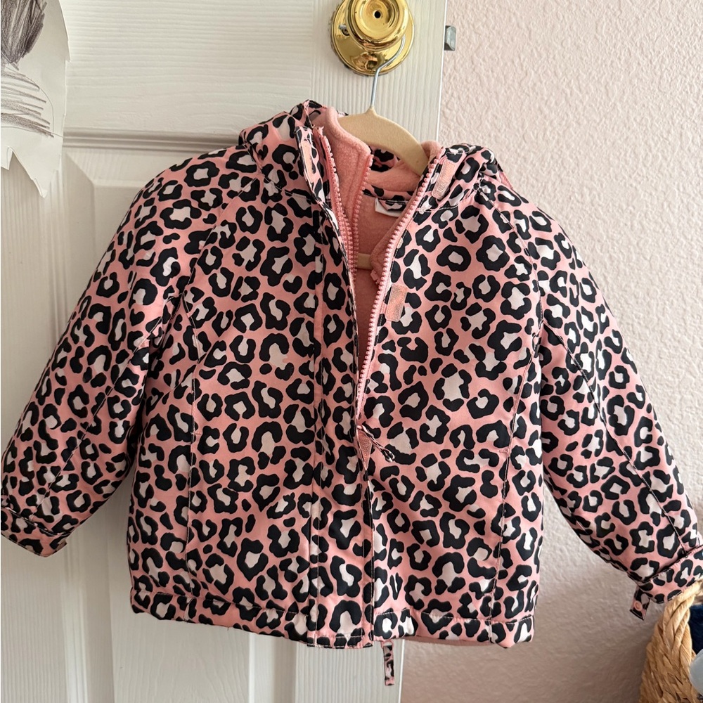 Two in One Pink Leopard Print Kids Jacket Puffer and Fleece
